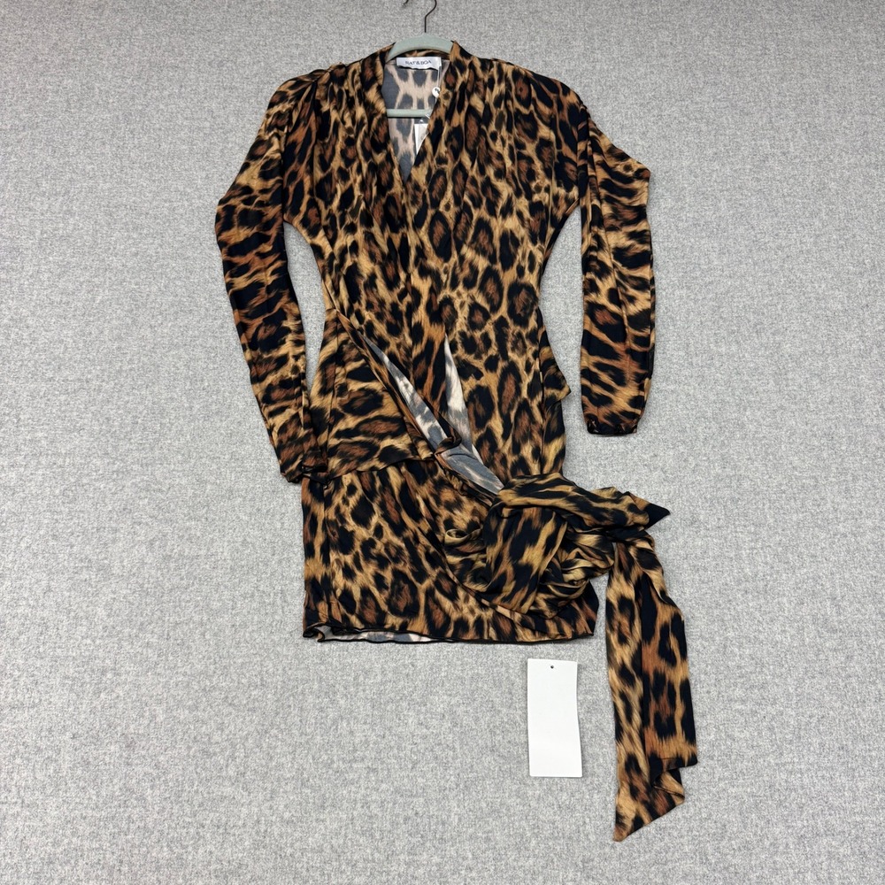Rat & Boa Leopard Print Wrap Mini Dress XS Brown Animal Long Sleeve Draped New